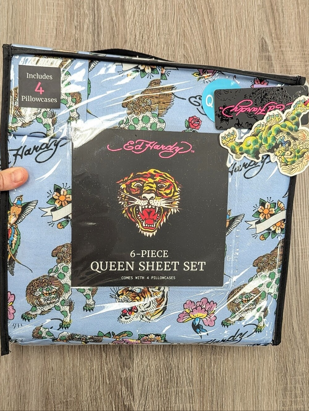 New 6pc Ed Hardy Blue Lucky Lion Queen Sheet Set with Tattoo Art Tiger